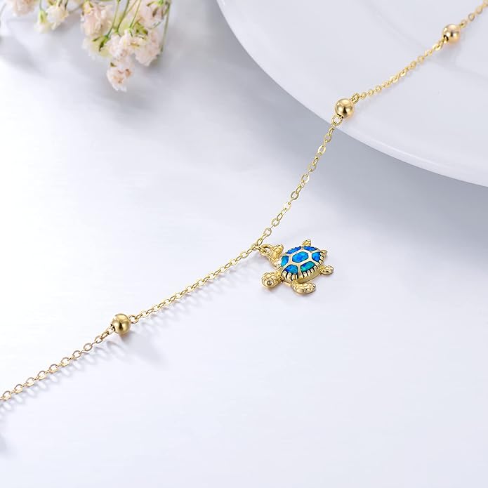14K Gold Sea Turtle Anklet for Women Blue Opal Layered Ankle Bracelet Real Gold Beach Foot Jewelry Yellow Gold, 8''-10''