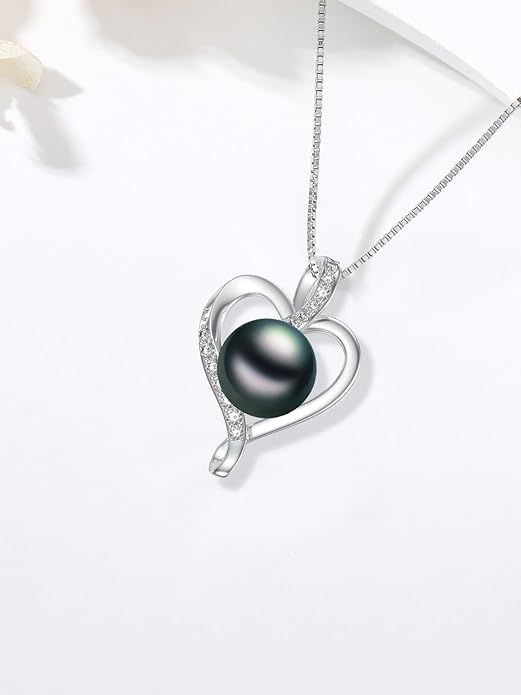 Tahitian Black Pearl 18K White Gold Plated Sterling Silver Heart/Infinity/Four Leaf Clover Pendant Necklace Jewelry Gifts for Women Wife Mom Girlfriend Wedding Birthday Anniversary Christmas