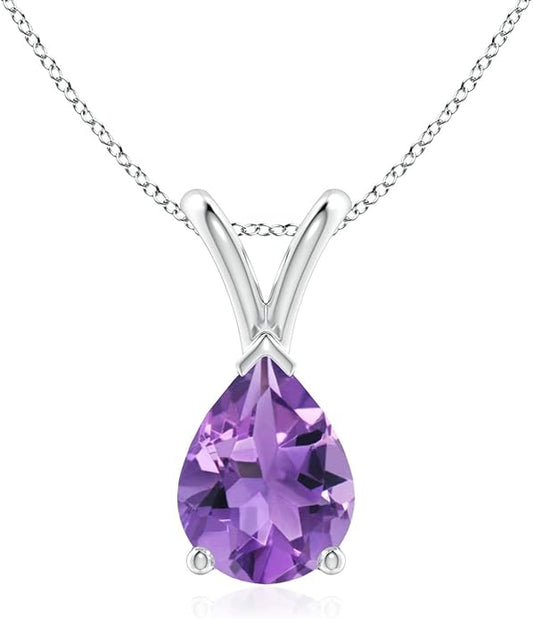Angara Natural Amethyst Solitaire Pendant for Women | V-Bale Pear-Shaped Amethyst Solitaire Pendant in 14K Solid Gold/Silver/Platinum | February Birthday, Anniversary, Gemstone Jewellery Gift