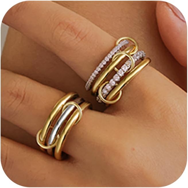 FUSAHURIY 2PCS Gold Stackable Rings Set for Women, 14K Gold Plated Interlocking Linked Rings with Cubic Zirconia, Gold Silver Mixed Metal Stackable Ring, Statement Jewelry Gifts