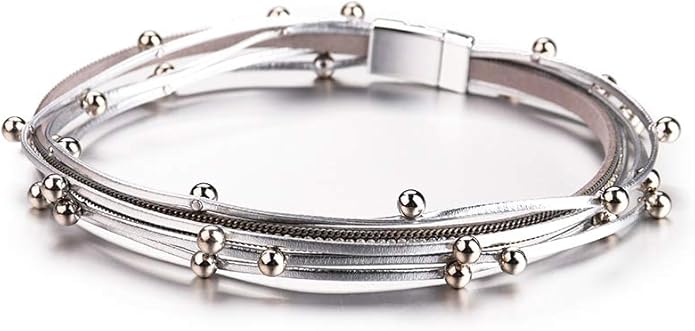 Fesciory Leather Wrap Bracelets for Women, Boho Leopard Multi-Layer Crystal Beads Cuff Bracelet Jewelry