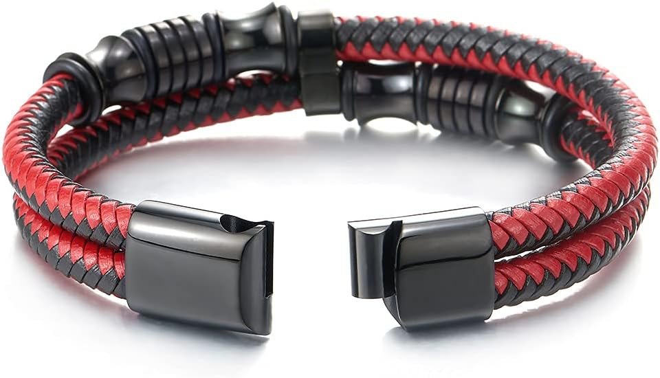 COOLSTEELANDBEYOND Mens Double-Row Braided Leather Bracelet Bangle Wristband with Stainless Steel Ornaments