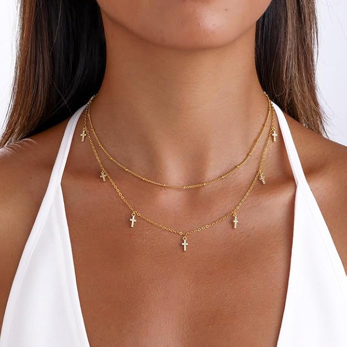 Layered Necklaces For Women,Dainty Gold Plated Necklace Stack Prom Layering Necklaces For Women Trendy Chain Cross Choker Necklace Set Fashion Accessories