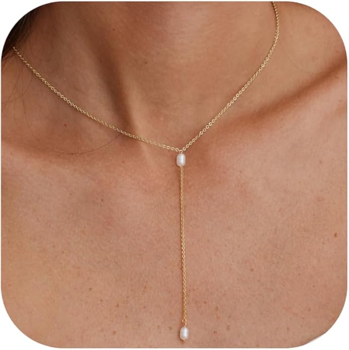 Gold Necklace for Women, Dainty Gold Long Necklaces 14k Gold Plated Prom Bar CZ Lariat Necklace Simple Choker Necklaces for Women Trendy Boho Fashion Costume Jewelry Womens