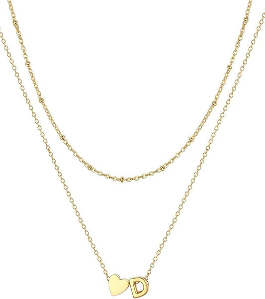 FOCALOOK Layered Initial Necklace for Women, 14K Gold Plated Choker Necklaces Stacks with Initial A-Z, Dainty Silver Heart Pendant Necklace Personalized Birthday Women Jewelry