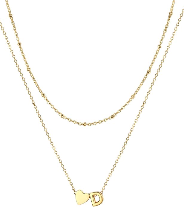 FOCALOOK Layered Initial Necklace for Women, 14K Gold Plated Choker Necklaces Stacks with Initial A-Z, Dainty Silver Heart Pendant Necklace Personalized Birthday Women Jewelry