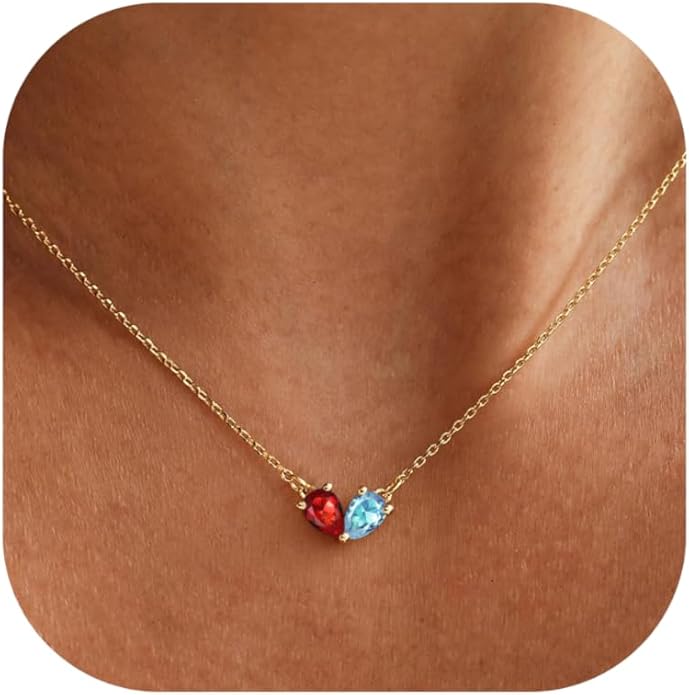 KOHOTA Gold Birthstone Necklace for Women Non Tarnish 14K Gold Plated CZ Heart Pendant Necklaces Dainty 2 Birthstones Emerald Green Charm Necklace for Mother and Daughter Birthday Jewelry Gifts