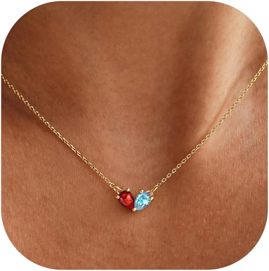 KOHOTA Gold Birthstone Necklace for Women Non Tarnish 14K Gold Plated CZ Heart Pendant Necklaces Dainty 2 Birthstones Emerald Green Charm Necklace for Mother and Daughter Birthday Jewelry Gifts