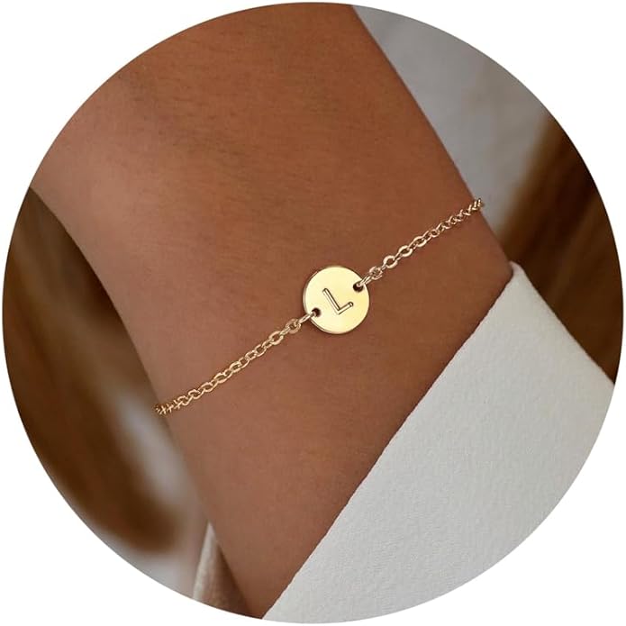 Ursteel Gold Initial Bracelet for Women Trendy - Personalized A-Z Letter Cute Bracelet for Women, Dainty Gold Coin Disc Womens Jewelry Gifts
