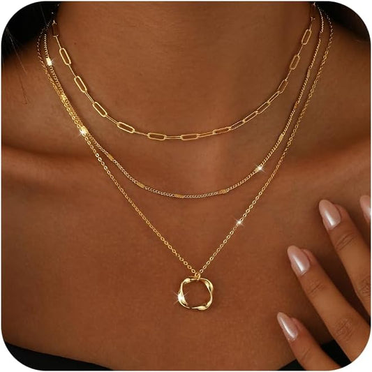 Layered Necklaces for Women 14K Gold Plated Stack Circle Pendant Trendy Long Chain Stackable Handmade Coin Necklace Set Dainty Gold Stacked Jewelry Gifts
