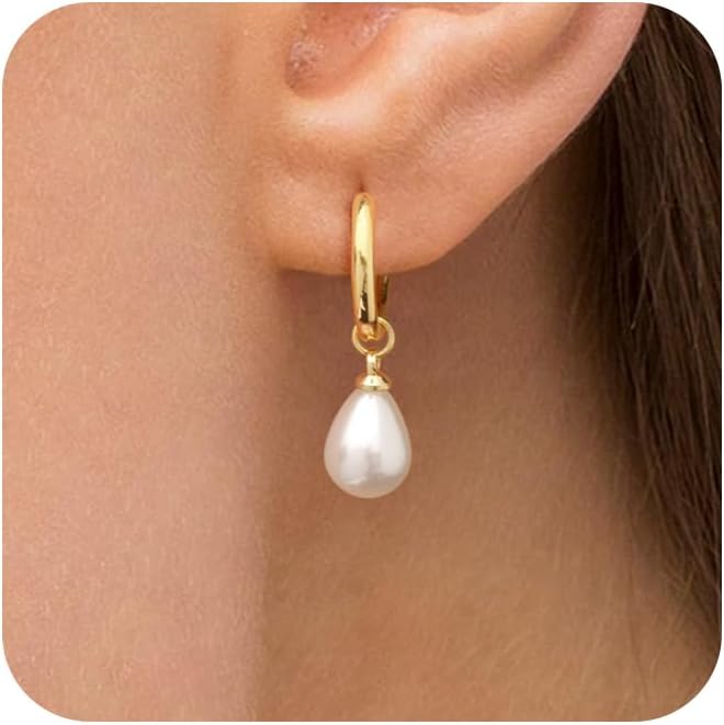 14K Gold Plated Pearl Dangle Earrings for Women, Small Pearl Drop Huggie Hoop Earrings, Hypoallergenic Dainty Gold Wedding Earrings Jewelry Gifts for Women Trendy