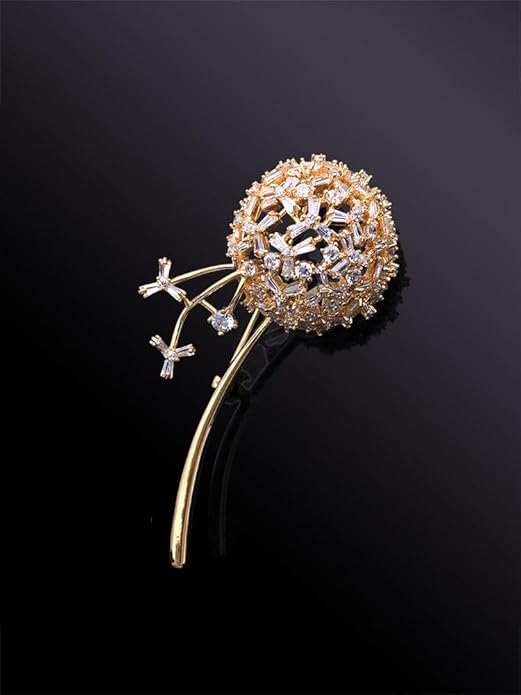 Flower Design Dandelion Brooch in 14K Gold, Moissanite and Crystal Embellished Floral Brooch, Fashion Accessories for Women