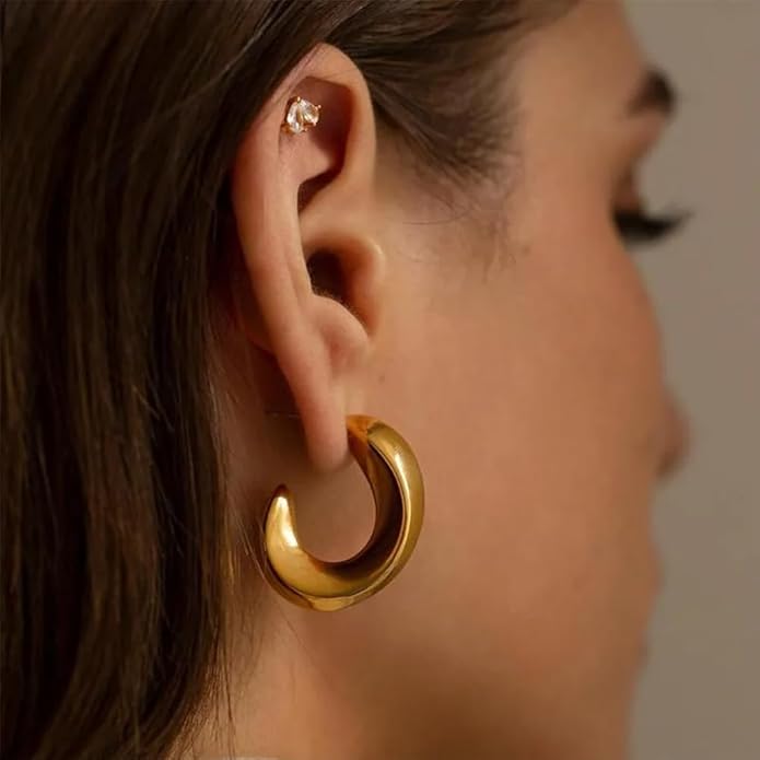 8YEARS Chunky Gold Hoop Earring for Women, 18K Gold Plated Lightweight Thick Hoops, Hypoallergenic Trendy Jewelry for Gift