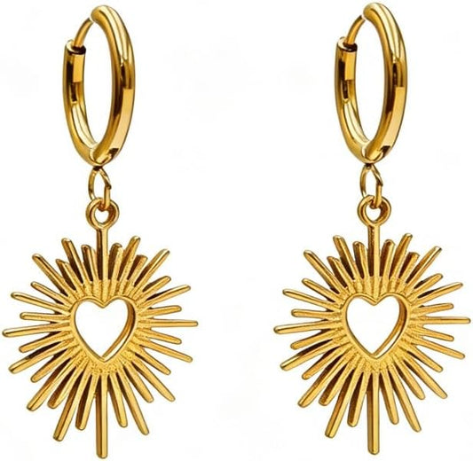 Sunburst Heart Dangle Hoop Earrings, 18K Gold Plated hypoallergenic Stainless Steel Cute Jewelry for Women daily Wear