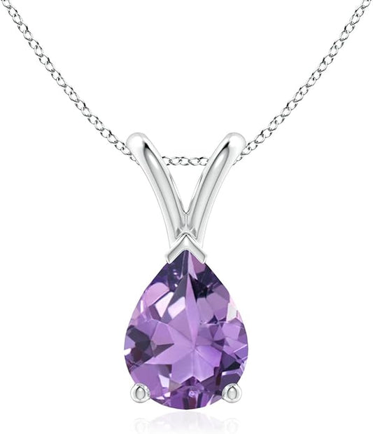 Angara Natural Amethyst Solitaire Pendant for Women | V-Bale Pear-Shaped Amethyst Solitaire Pendant in 14K Solid Gold/Silver/Platinum | February Birthday, Anniversary, Gemstone Jewellery Gift