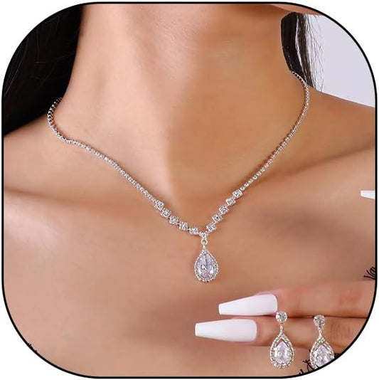 JczR.Y Rhinestone Tennis Necklace Earring Set Zircon Crystal Teardrop Pendant Necklaces Rhinestone Bridal Necklace Earrings for Women Wedding Gowns Prom Statement Jewelry Set