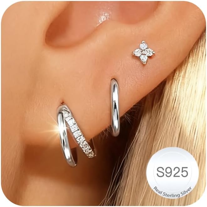 DORANA Valentines Day Gift 3 Pairs 925 Sterling Silver Earrings for Women Girls Non Tarnish Small Hypoallergenic Huggie Hoops Cartilage Stack Earring Sets for Multiple Piercing