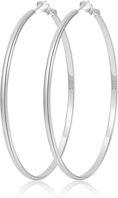 LOUMILEO 2mm Thin 925 Sterling Silver & 14k Gold Plated Hoop Earrings Large Silver Hoop Earrings Hypoallergenic Lightweight Hoops Earrings for Women 30/40/50/65MM