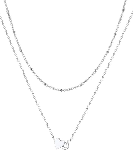 FOCALOOK Layered Initial Necklace for Women, 14K Gold Plated Choker Necklaces Stacks with Initial A-Z, Dainty Silver Heart Pendant Necklace Personalized Birthday Women Jewelry