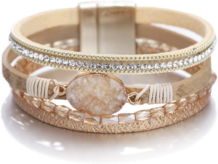 Fesciory Leopard Bracelet for Women, Boho Leather Wrap Multi-Layer Pearl Crystal Bracelet Bangle Jewelry