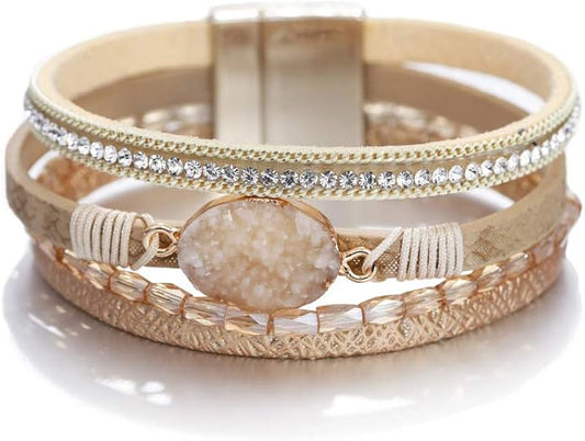 Fesciory Leopard Bracelet for Women, Boho Leather Wrap Multi-Layer Pearl Crystal Bracelet Bangle Jewelry