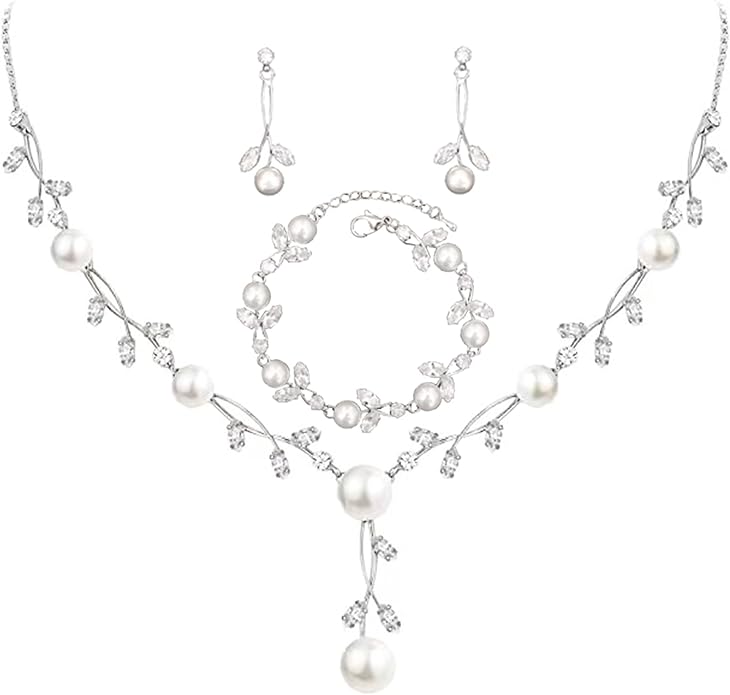 Luxury Cubic Zirconia Aurtrian Crystal Pearl Floral Necklace Dangle Earrings Wedding Bridal Jewelry Set Birthday Gifts for Her