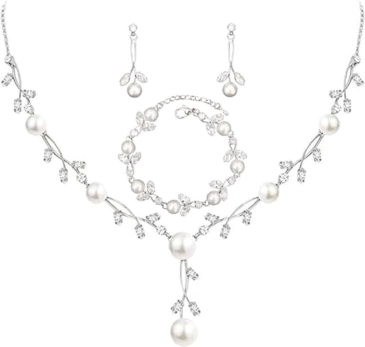 Luxury Cubic Zirconia Aurtrian Crystal Pearl Floral Necklace Dangle Earrings Wedding Bridal Jewelry Set Birthday Gifts for Her