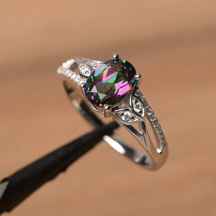 925 Sterling Silver Oval Shaped 8X6 MM Gemstone Ring Leaf Engagement Ring for Women Jewelry