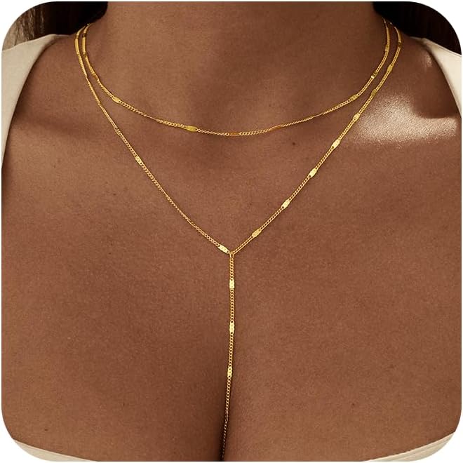Long Gold Necklace for Women Trendy, Dainty Layered Lariat Necklace 14k Gold Plated Silver Y Shaped Beaded Chain Non Tarnish Drop Necklaces Simple Adjustable Jewelry Gift