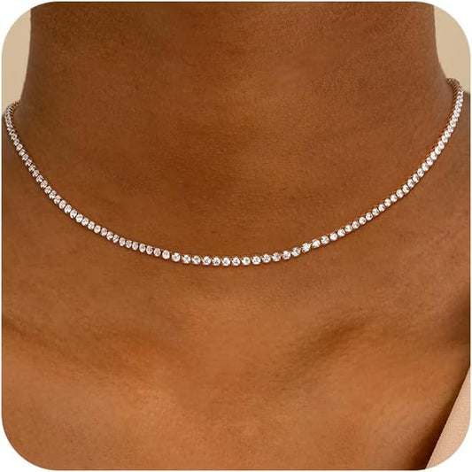 Tennis Necklace for Women, 14K Gold/Silver Plated Rhinestone Choker Necklaces for Women, Dainty Cubic Zirconia Cut Faux Diamond Chain