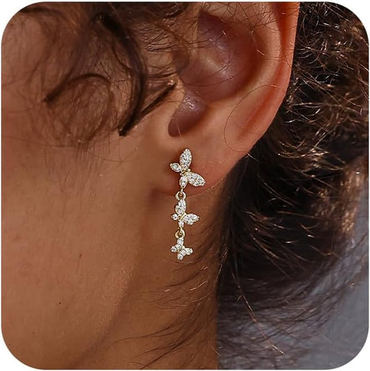 14K Gold Plated Butterfly Dangle Earrings for Women - Dainty, Trendy, Hypoallergenic CZ Drop Earrings - Simple Long Dangling Jewelry