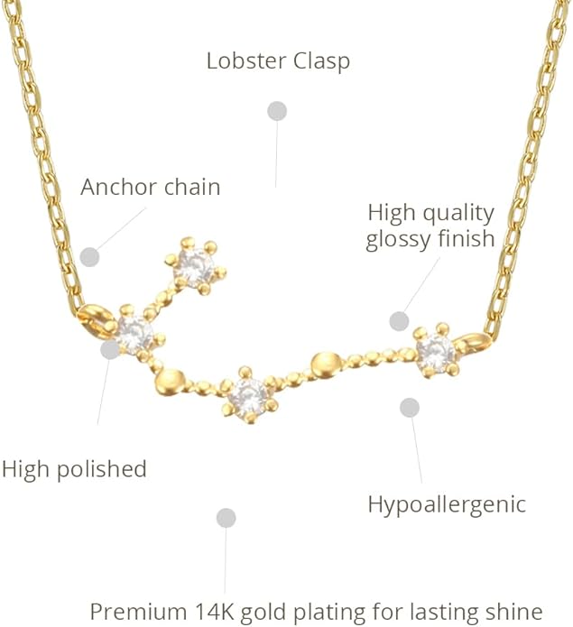 Zodiac 18K Gold Plated CZ Necklace With Message Card, Yellow Gold Color, Anchor Chain, Best Gift Necklace, Size 16 inch + 2 inch Extender, Pendant, Constellation, Gift Card