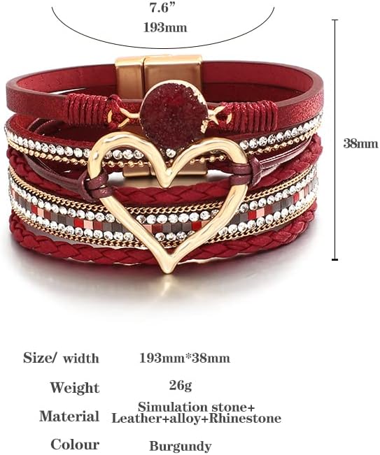Leather Wrap Bracelet for Women Beaded Cuff Bracelet with Heart-shape Decor Bohemian Crystal Bracelet Jewelry with Clasp Bangle Bracelet for Women Girls Birthday Holiday Gift