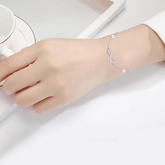 SISGEM 14k Gold Diamond Infinity Bracelet for Women, Real Gold Pearl Love Jewelry Gifts for Wife, Present for Her, 6.9"-8.3"