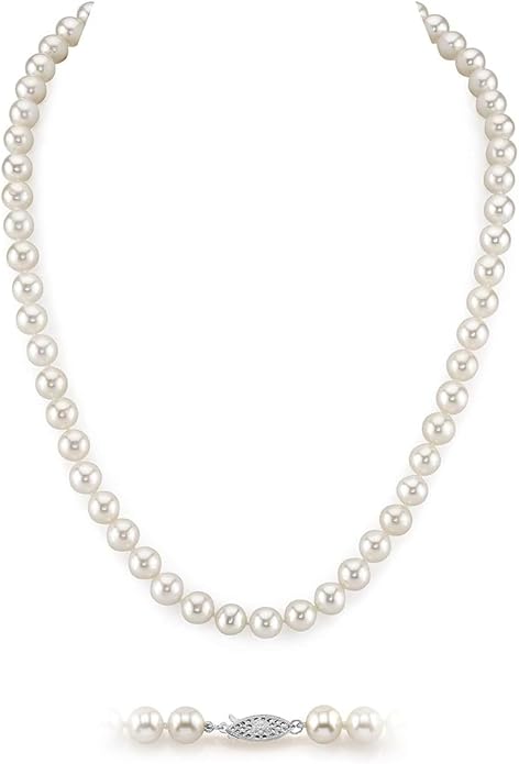 The Pearl Source Real Pearl Necklace for Women with AAA+ Quality Round White Freshwater Genuine Cultured Pearls | Pearl Strand with 14K Gold Plated Sterling Silver Clasp