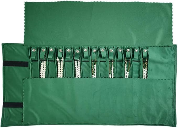 SCIKHEFT Portable Jewelry Roll Untangled Secure Necklace Travel Storage Bag Displays Holder 16 Chain (gray PU and green)