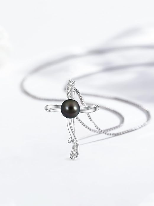 KANNSOAR Tahitian Black Pearl 18K White Gold Plated Sterling Silver Pendant Necklace for Wedding Birthday Anniversary Valentines Day Christmas Pearl Jewelry Gift for Women Wife Mom Lover Girlfriend
