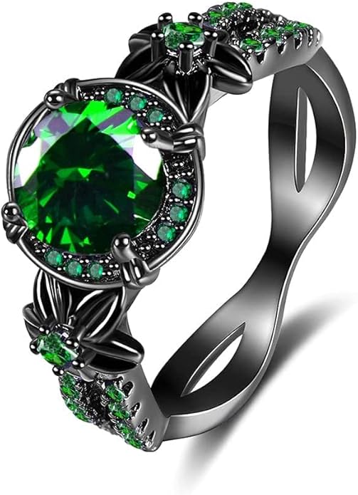 Gothic Black Rings for Women, Mystic Rainbow Topaz with Created Amethyst Flower Goth Black Gold Wedding Engagement Ring Size 6 to 11