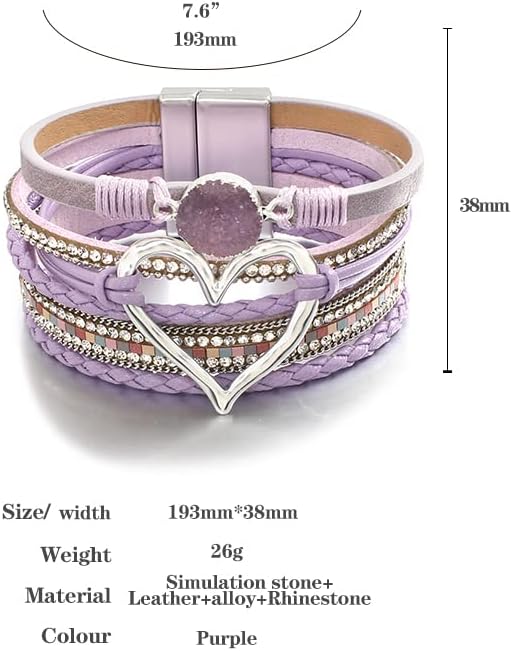 Leather Wrap Bracelet for Women Beaded Cuff Bracelet with Heart-shape Decor Bohemian Crystal Bracelet Jewelry with Clasp Bangle Bracelet for Women Girls Birthday Holiday Gift