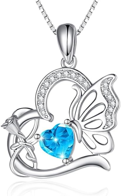 Birthstone Heart butterfly Necklace for Women, Infinity Pendant 14K Gold /18K White Gold Womens Necklaces, Jewelry Anniversary Birthday Christmas Gifts for Her Mom Wife﻿