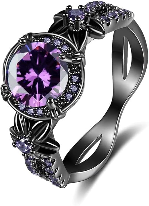Gothic Black Rings for Women, Mystic Rainbow Topaz with Created Amethyst Flower Goth Black Gold Wedding Engagement Ring Size 6 to 11