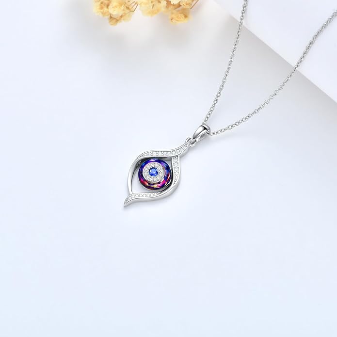 VONALA Evil Eye Necklace Sterling Silver Blue/Purple/White/Multi Eyes Pendant Necklace Luck Amulet Ojo Turco Jewelry Gift for Women Girls Daughter Mother