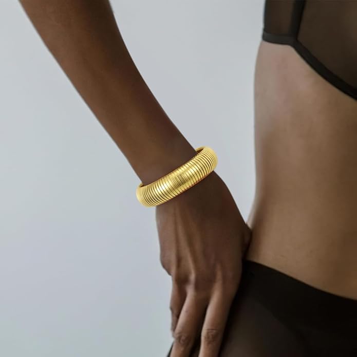 Emibele Gold Bangles Bracelet Set for Women, 18K Gold Plated Chunky Stainless Steel Non Tarnish Stretch Bracelet Stack, Flexible Wide Wristband Bangle Layered Snake Chain Bracelets