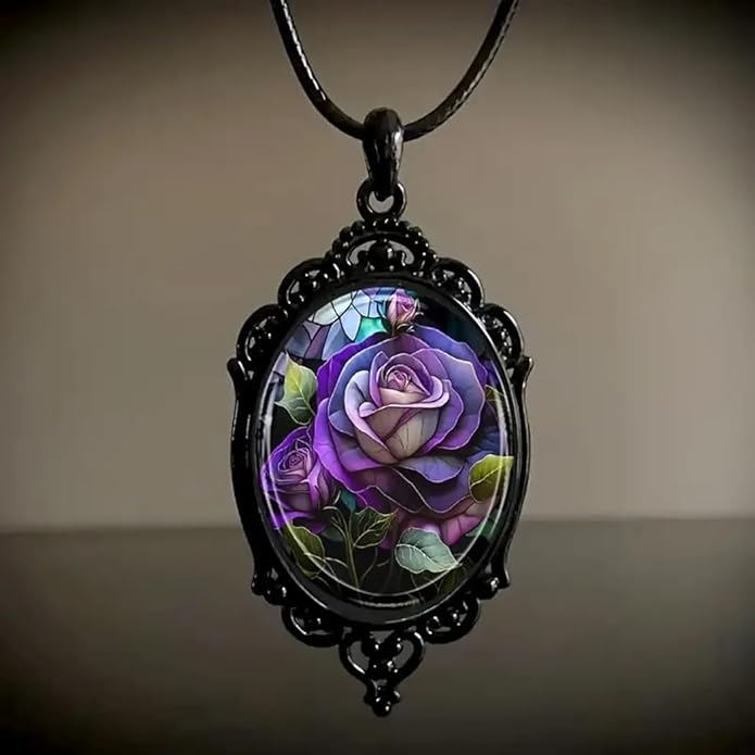 Gothic Rose Glass Necklace for Women Vintage Satan Demon Pendant Halloween Roses Necklaces Dark Punk Style Necklace Victoria Emboss Necklaces Mystic Witch Jewelry Gift Accessories