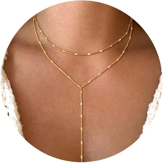 Foxgirl Lariat Gold Necklace for Women, Dainty Long Necklace 14k Gold Plated/Silver Y-Shaped Pendant Necklace Trendy Layered Cz Beaded Chain Drop Necklaces Simple Gold Jewelry For Women Gift