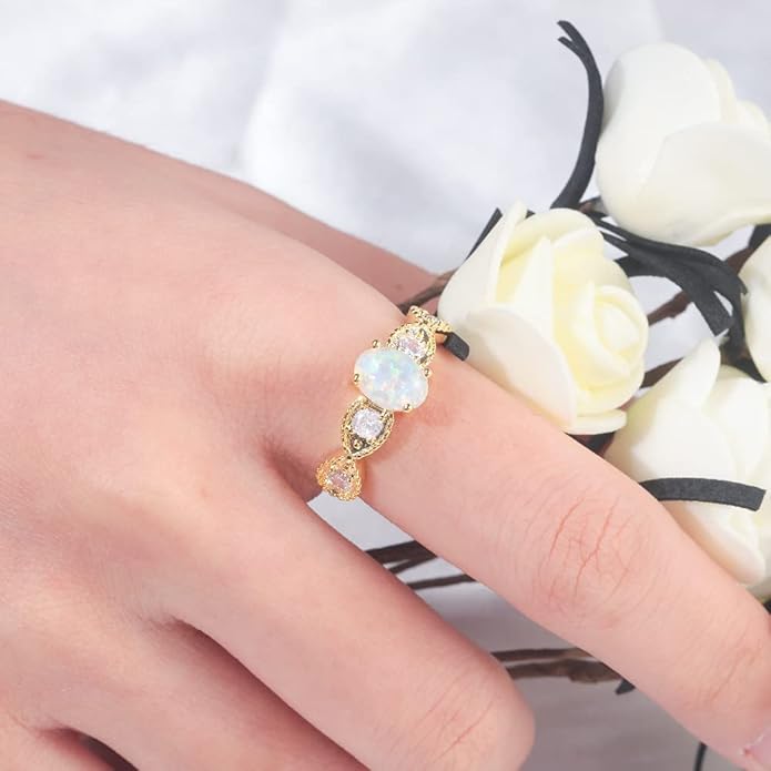 CiNily 18K Gold Plated Opal Ring-White Fire Opal & Amethyst & Cubic Zirconia Women Jewelry Gemstone Engagement Anniversary Ring Size 5-13