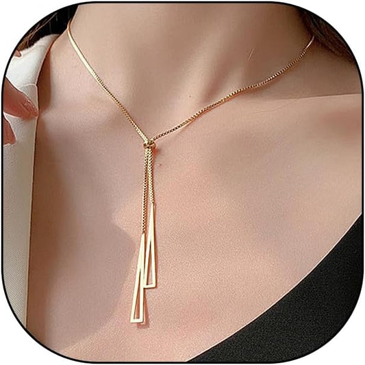 14K Gold Statement Y Necklace for Women,Dainty Double Triangle Pendant Necklace Long Link Chain Lariat Collar Necklace Minimalist Jewelry Gifts