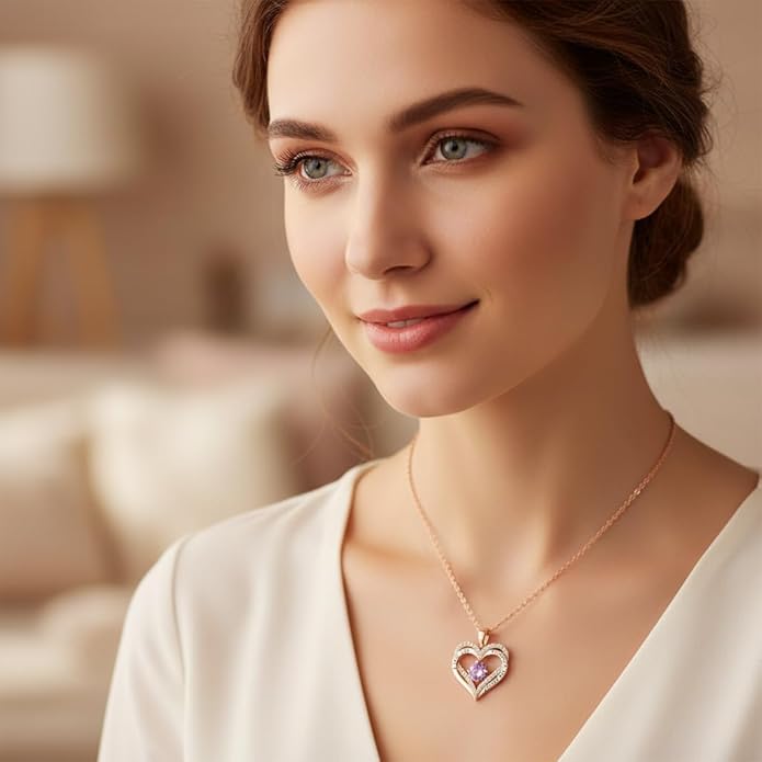 Birthstone Heart Necklace for Women Wife Girlfriend Mom Daughter Gifts S925 Silver Jewelry For Anniversary Rose Gold Gifts For Birthday Christmas Mothers Valentines Day
