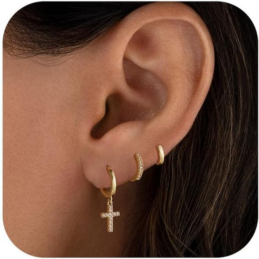 Gold Hoop Earrings Set for Women Trendy, 14K Gold Plated Chunky Hypoallergenic Small Diamond Cartilage Hoops Cute Cubic Zirconia Dangle Stud Earrings Jewelry Gifts