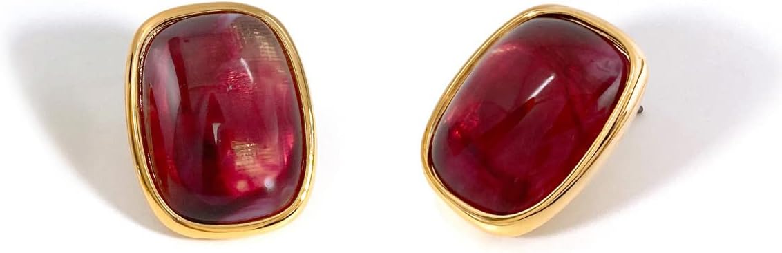 M.DUN- Round Edges Rectangle Shape Studs Earring. Abalone Amber Turquoise Resin Stone Design, 18k Real Gold Plated Bezel, Hypoallergenic Gorgeous Gift for Women